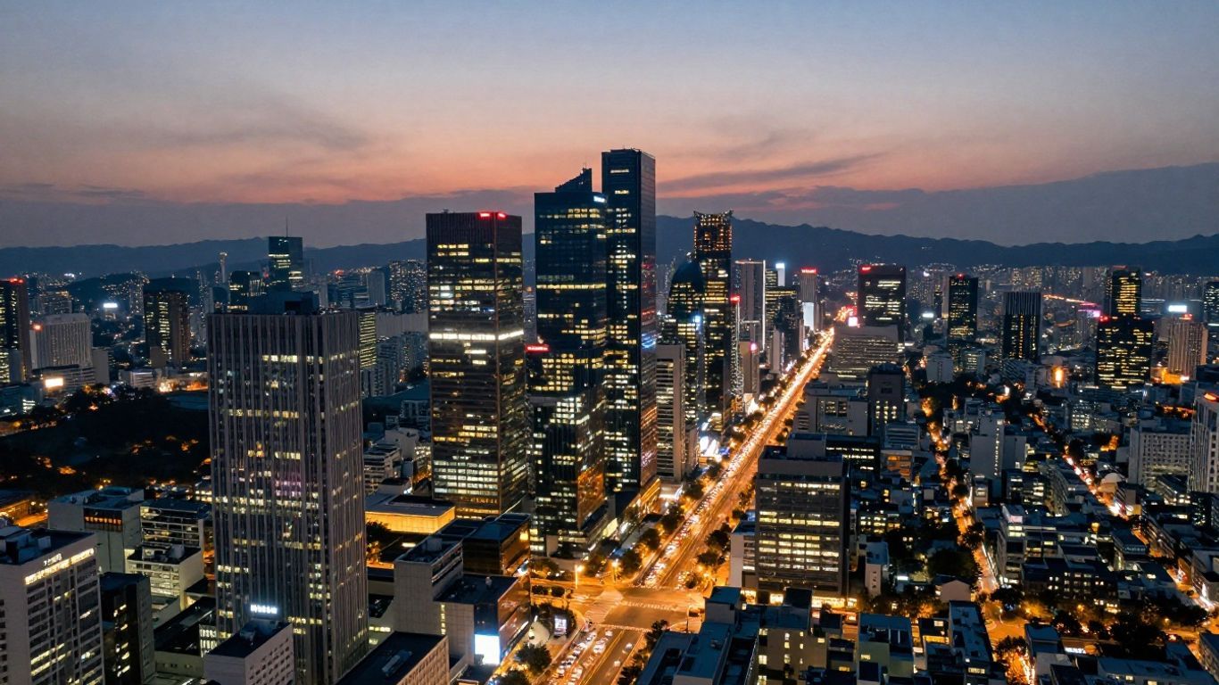 Seoul cityscape at dusk with illuminated skyscrapers and busy streets.
