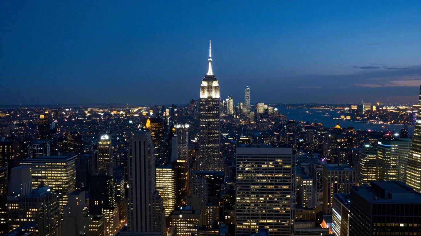 Sprawling US city skyline at dusk with illuminated skyscrapers.