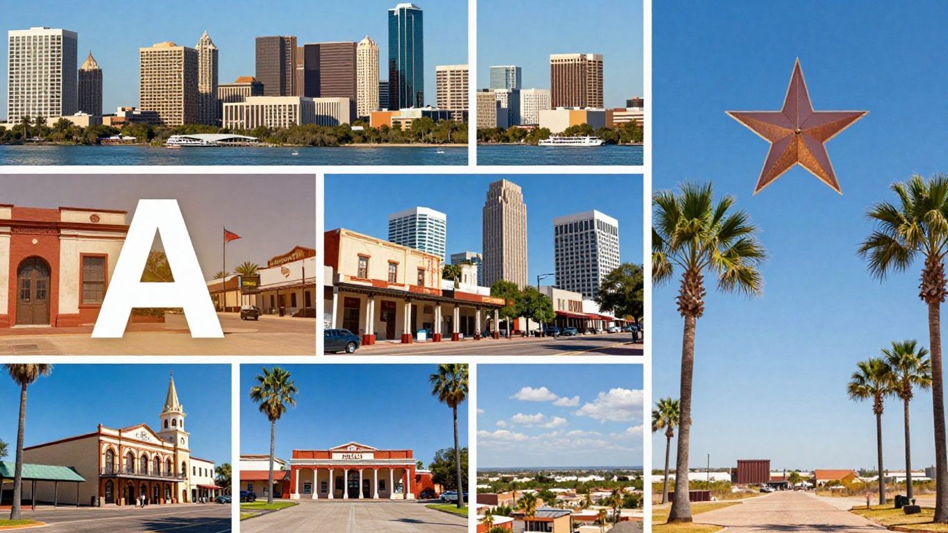 Texas cities collage with skylines and landscapes.
