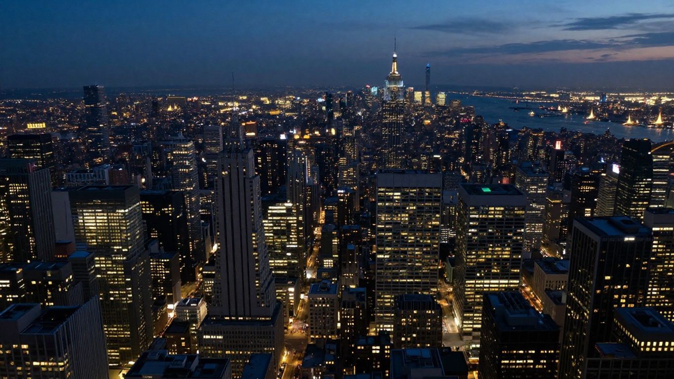 Aerial view of a densely populated city skyline at dusk.