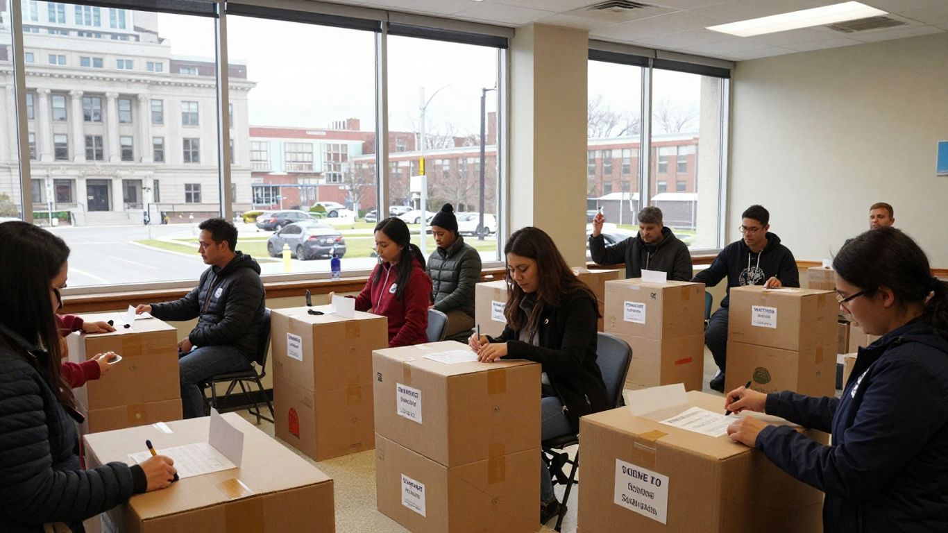 Citizens voting at a polling station with city hall visible.