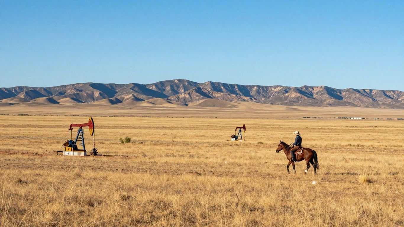 Vast Texas landscape with oil derricks and a cowboy.