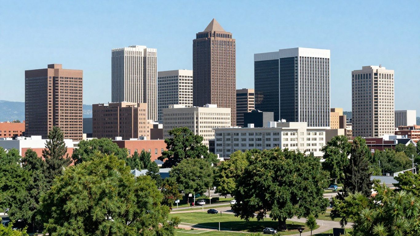 Boise cityscape with buildings and trees.