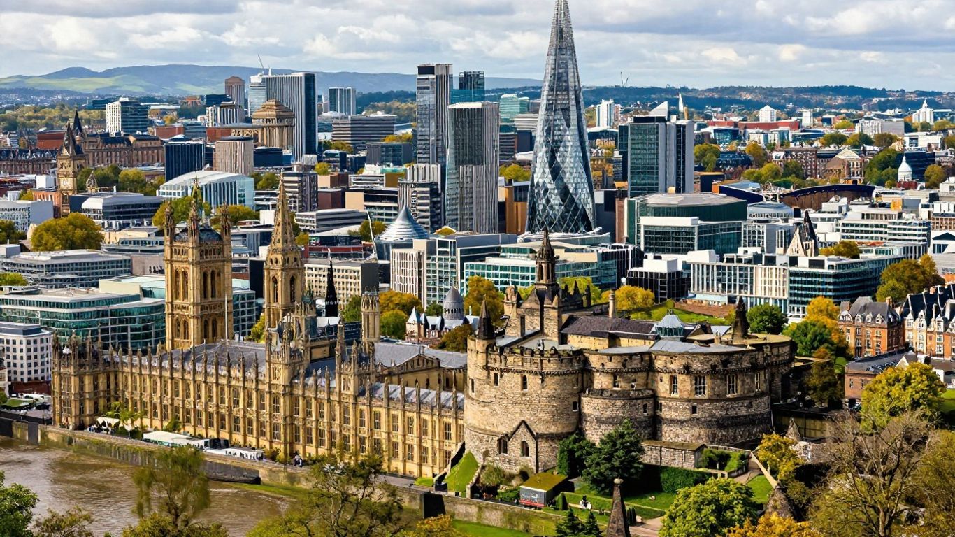 UK cities skyline comparison with European landmarks.