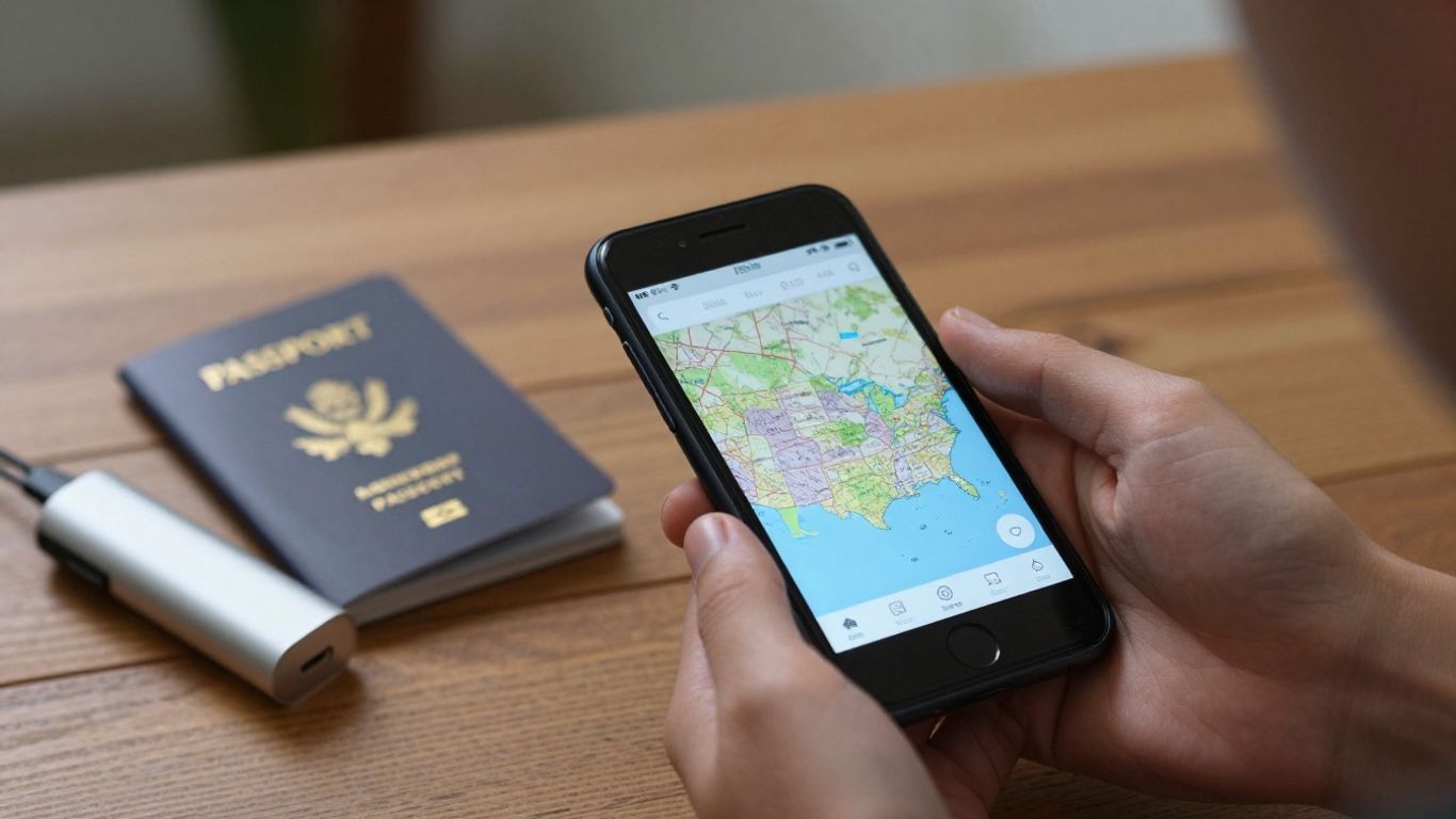 USA travel tech essentials: smartphone, passport, charger.