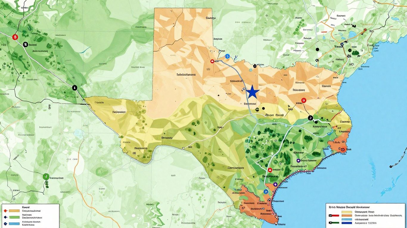 Detailed map of Texas cities and scenic routes.