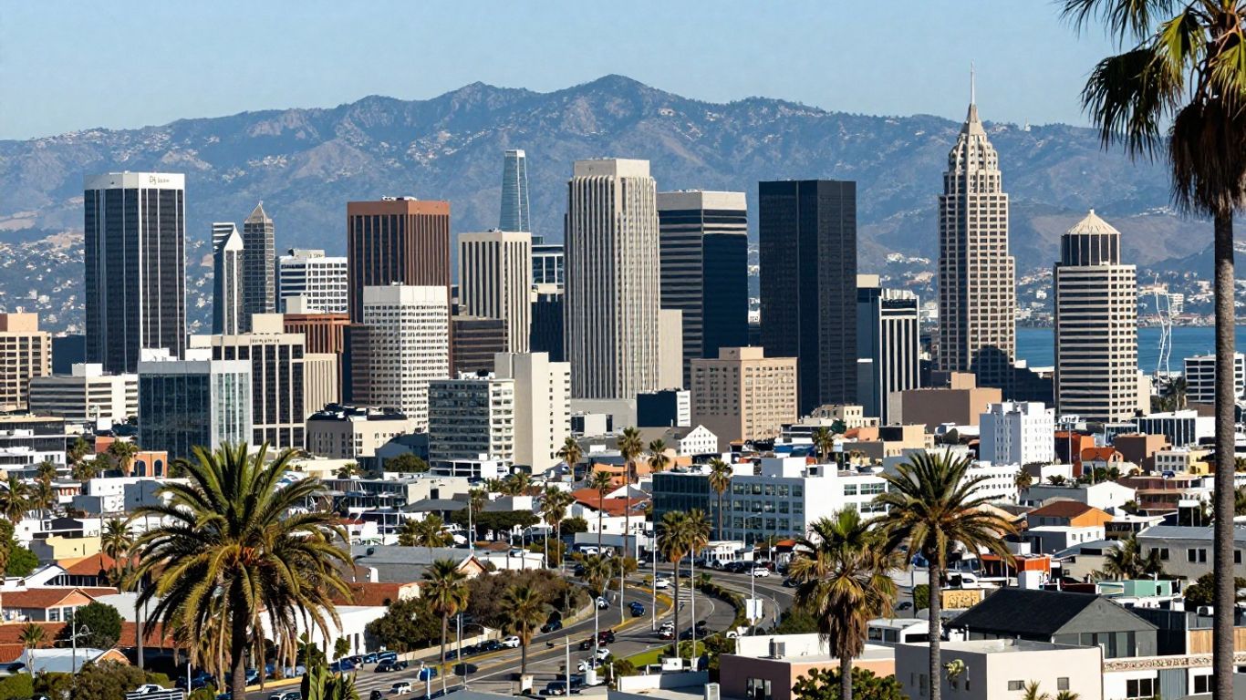 California cityscape with skyscrapers, harbor, and mountains.