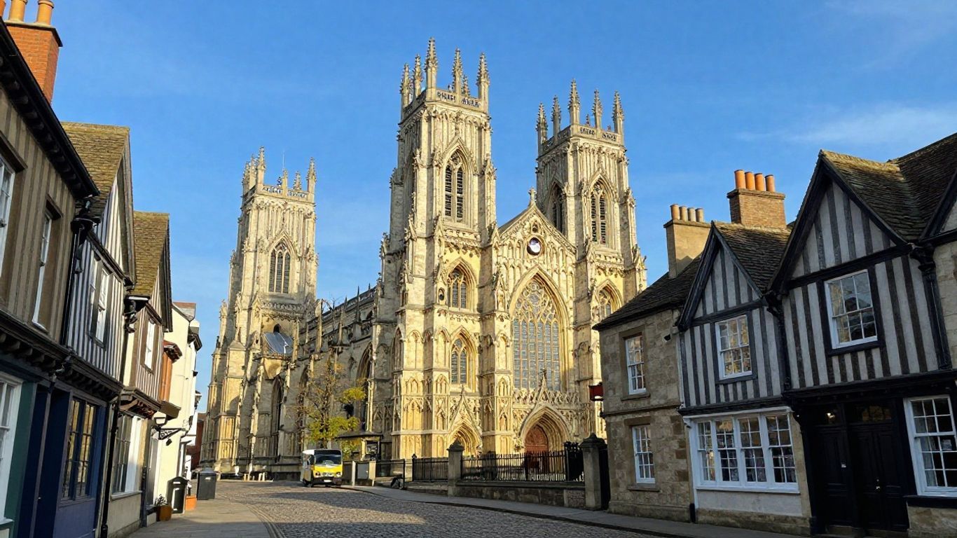 Historic York Minster cathedral and cobblestone streets.