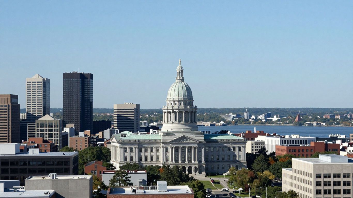 Albany, New York cityscape with State Capitol building.
