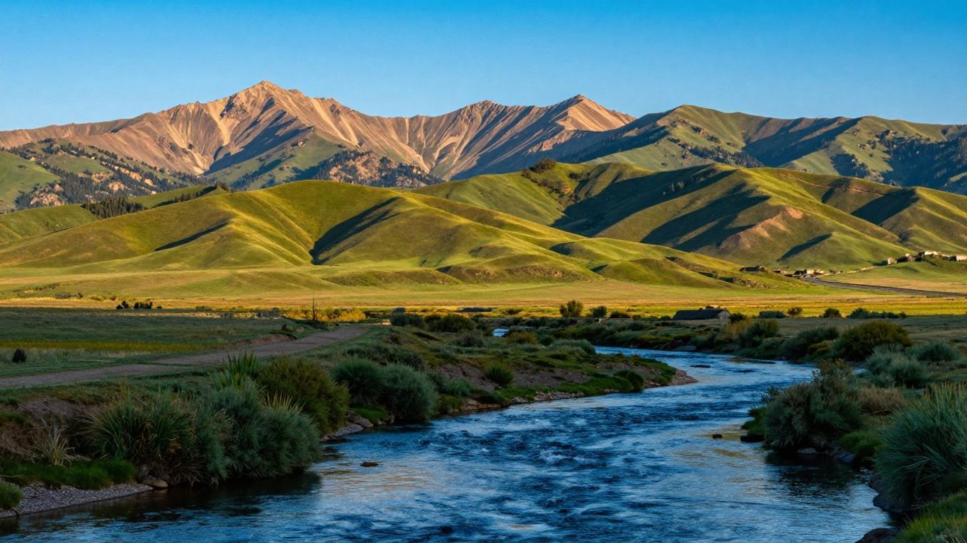 Idaho landscape with mountains and river.