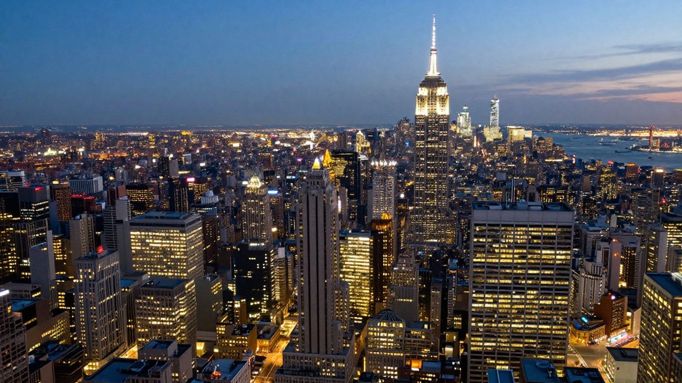 Aerial view of a bustling American megacity at dusk.