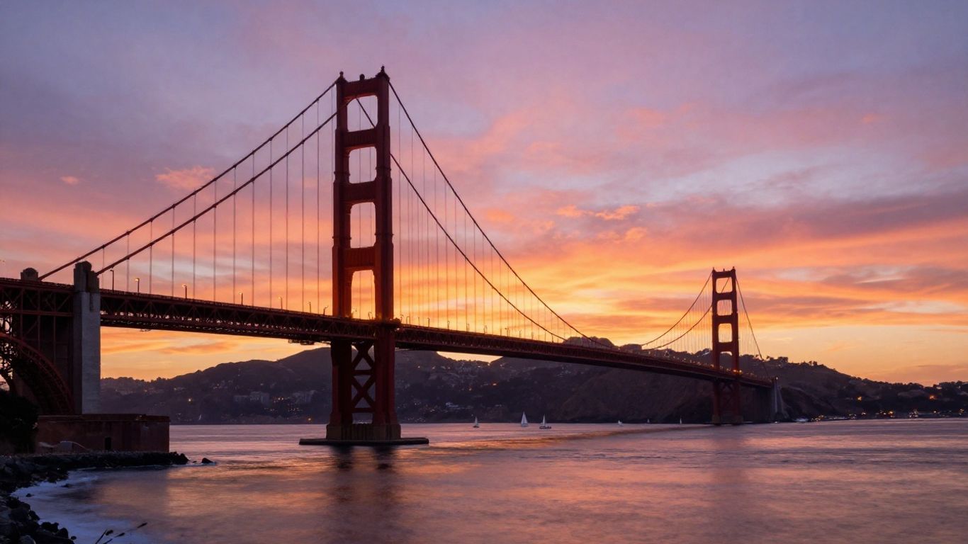 Golden Gate Bridge at sunset with city skyline.