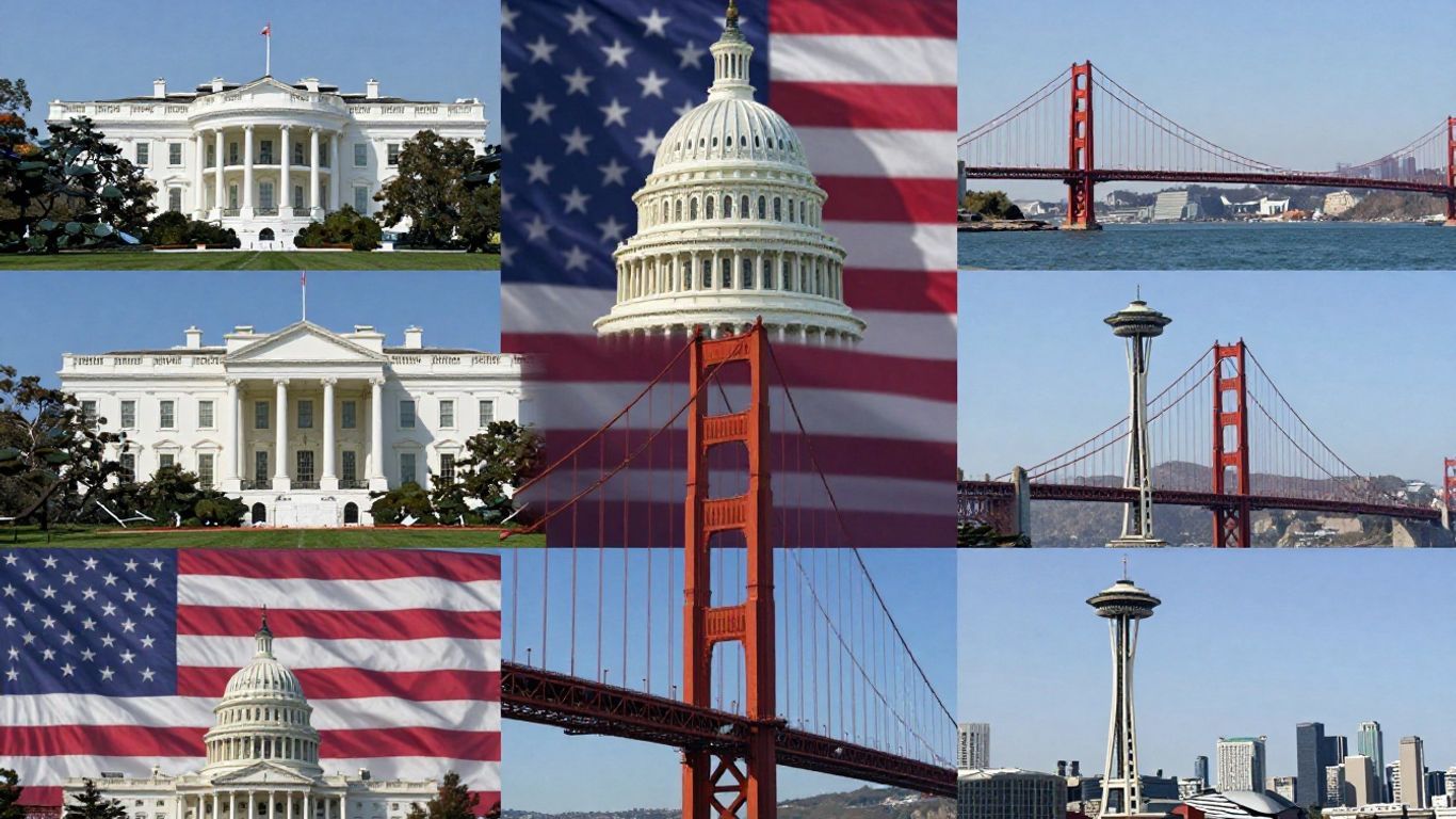 Collage of US state capital landmarks with American flag.