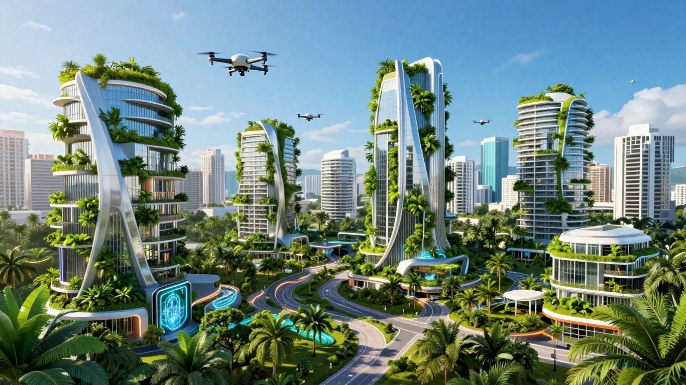 Futuristic Jamaican cityscape with modern buildings and greenery.
