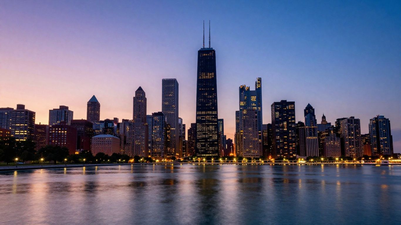 Chicago skyline at dusk with skyscrapers and lake