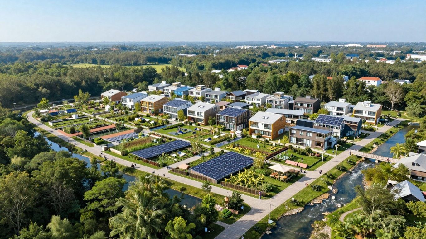 Aerial view of an eco-friendly town with lush greenery.
