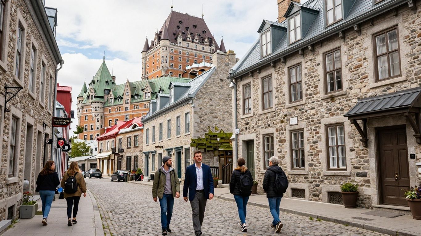 Tour guide leads group in historic Quebec City street