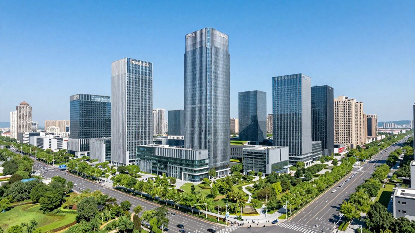 Modern cityscape with green spaces and roads.