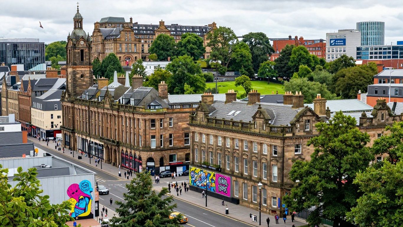 Glasgow cityscape with people and Victorian buildings