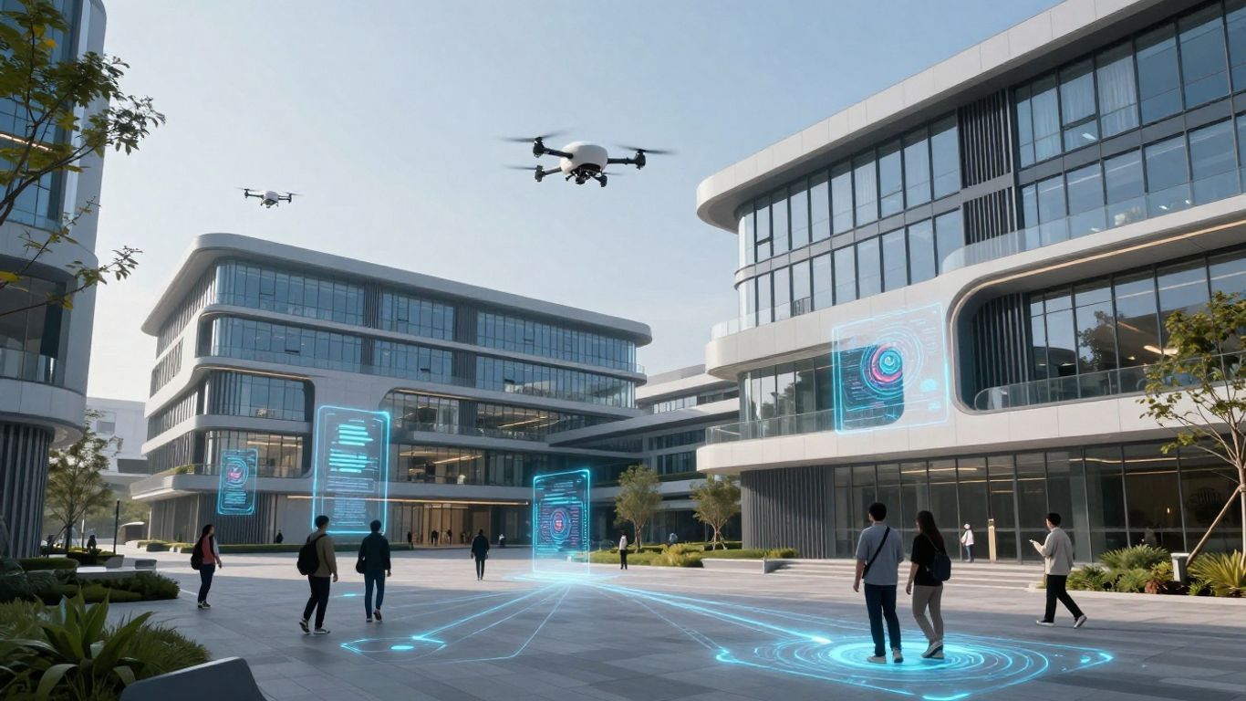Futuristic smart campus with drones and holographic displays.