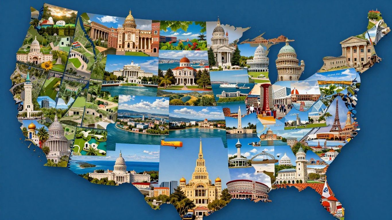 Collage of US state landscapes and landmarks.