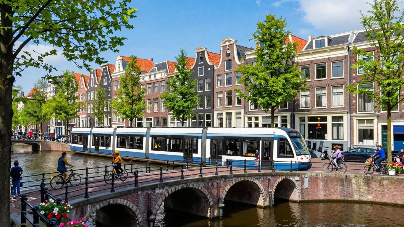 Amsterdam canals with historic buildings and modern transport.