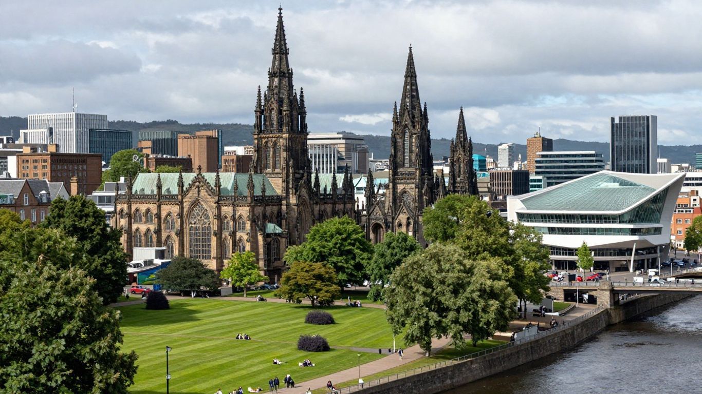 Glasgow cityscape with cathedral and modern architecture.