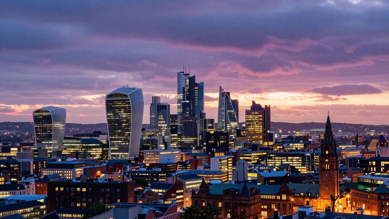 Greater Manchester skyline at dusk with city lights.