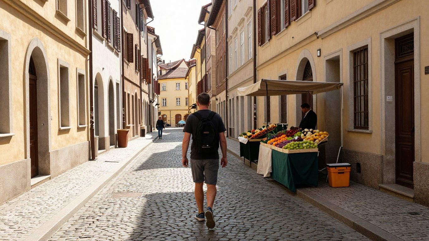 Traveler exploring a charming European street with a local market.