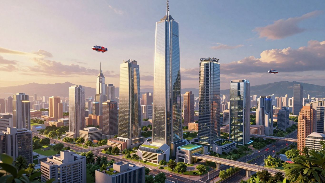 Futuristic city drawing with skyscrapers and flying vehicles.