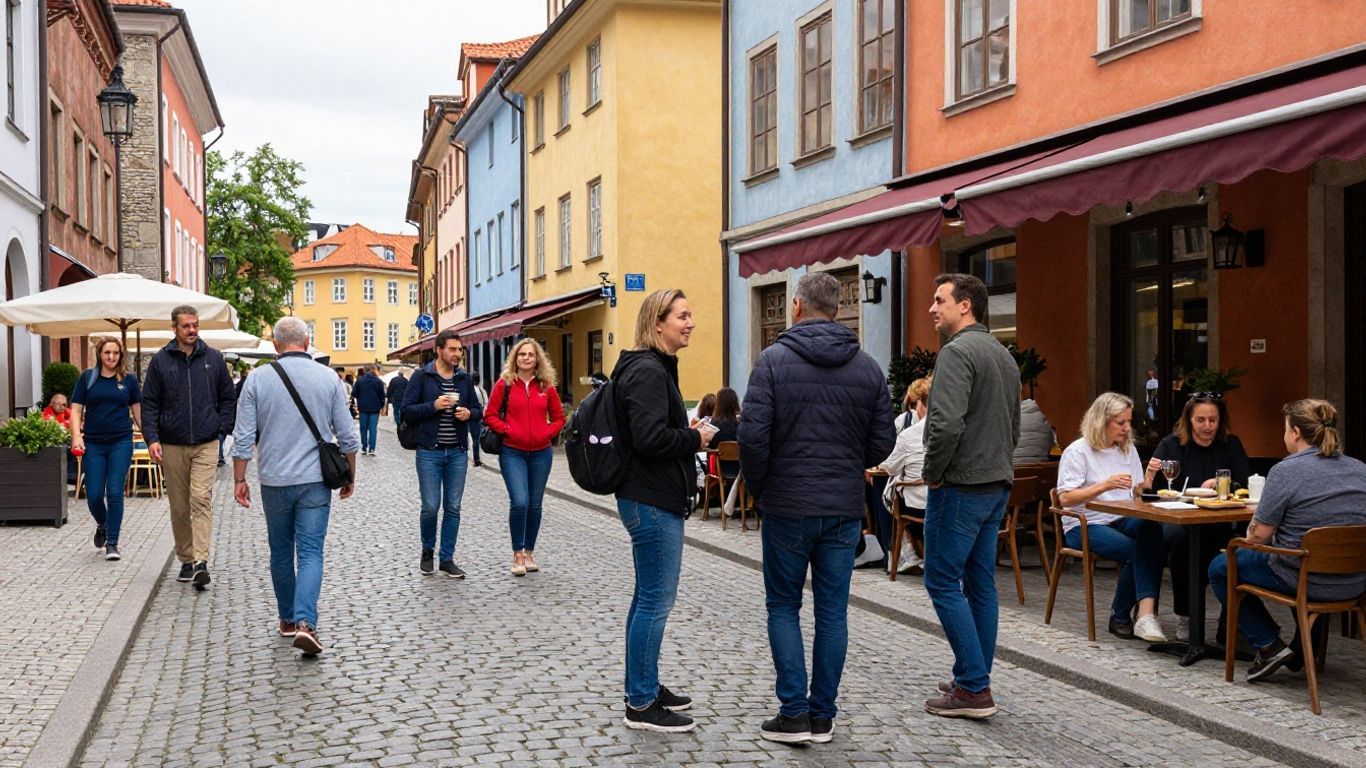 Locals and tourists interacting in a vibrant European city.