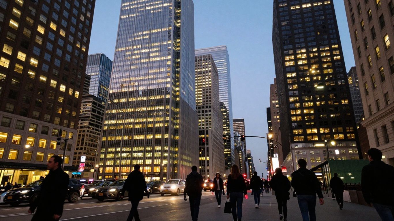 City skyline with busy streets and illuminated skyscrapers.