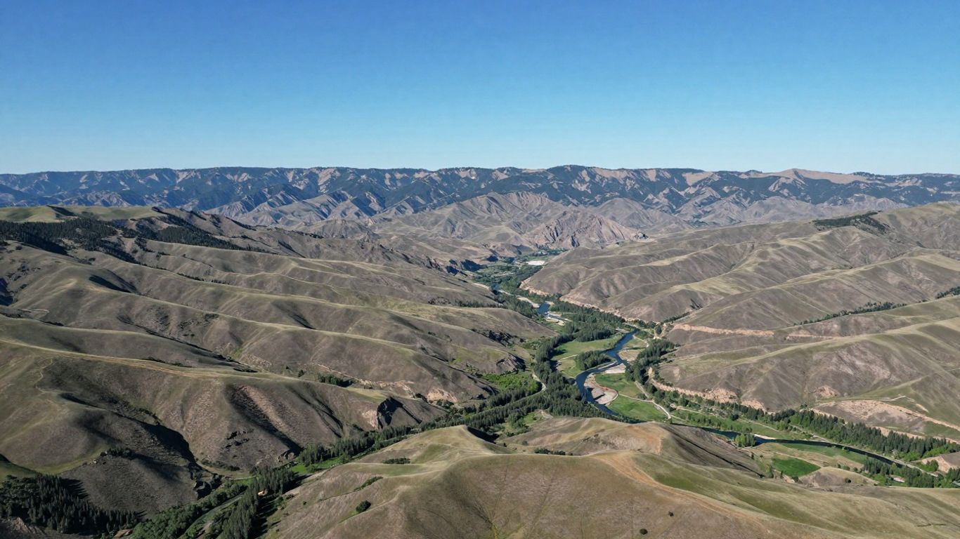 Aerial view of Idaho's mountains, hills, and river.