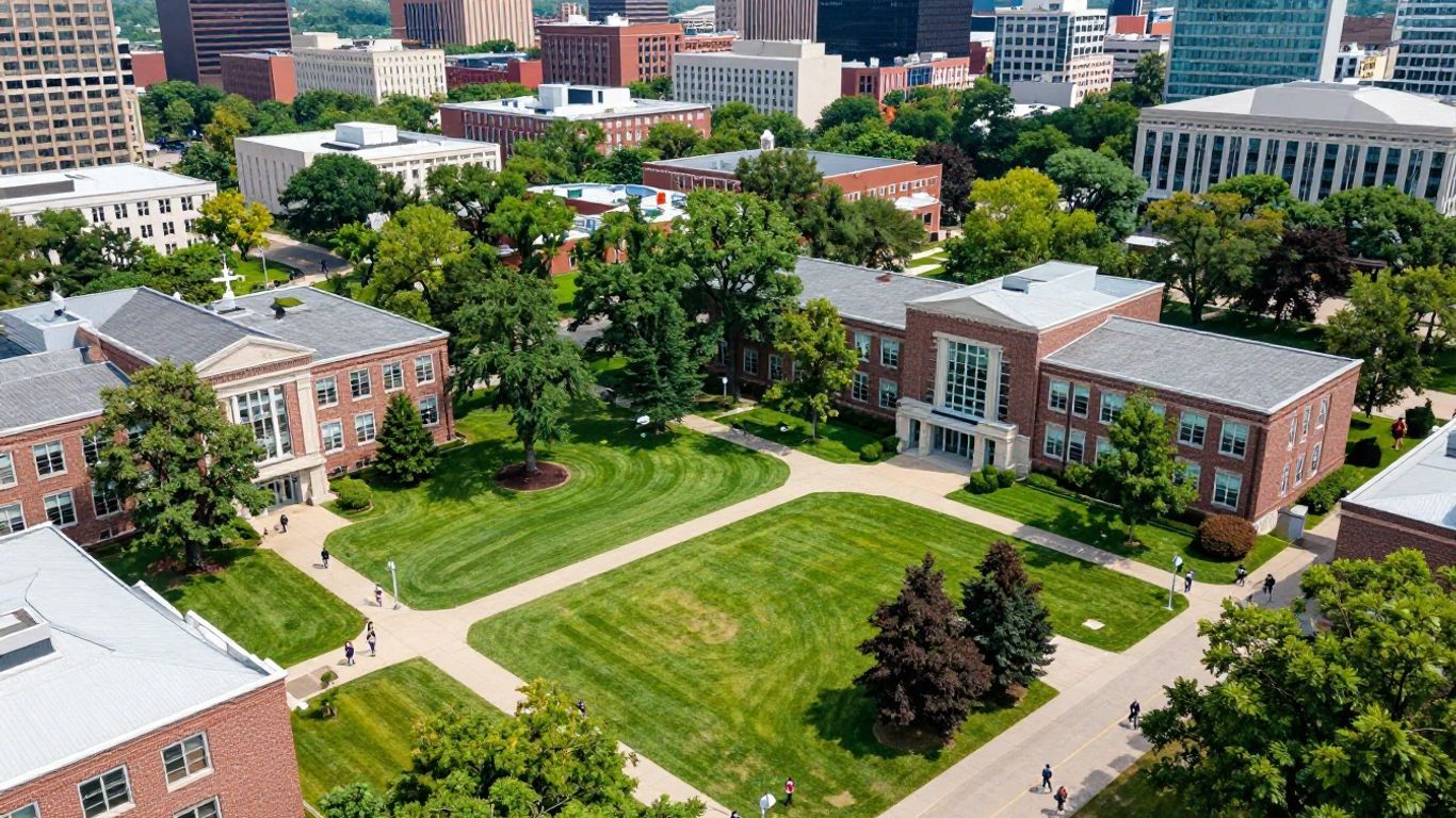 Minnesota Twin Cities University campus with students and city skyline.