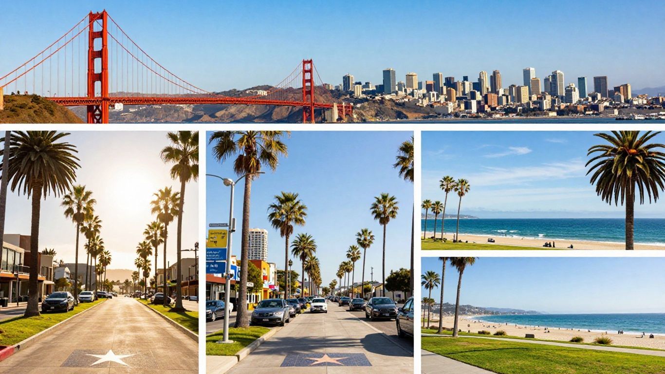California cities collage: Golden Gate, Hollywood, San Diego beach.
