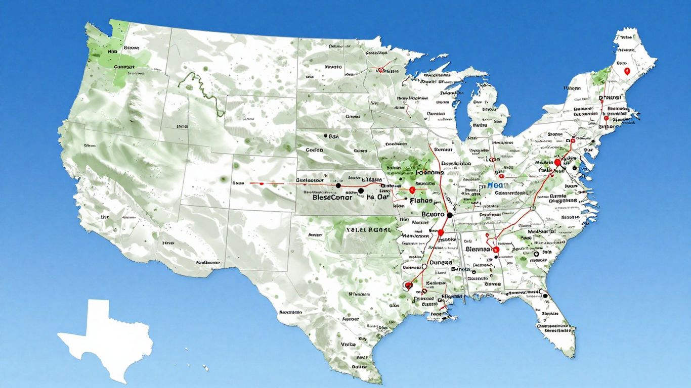 Interactive Texas map with cities and landmarks.