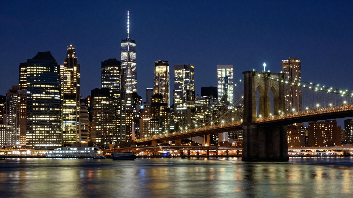 New York City skyline at night with Brooklyn Bridge.