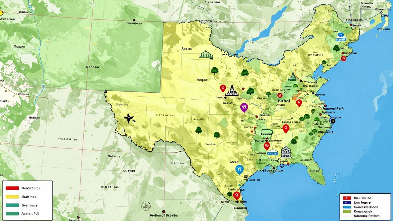 Interactive map of Texas with cities, towns, and landmarks.
