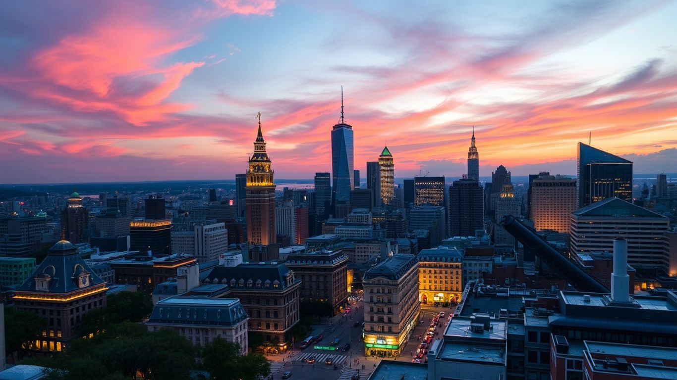 Iconic city skyline at dusk with vibrant lights.