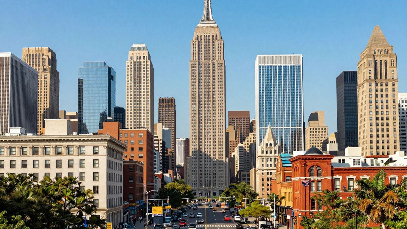 Iconic US city skylines and landmarks collage.