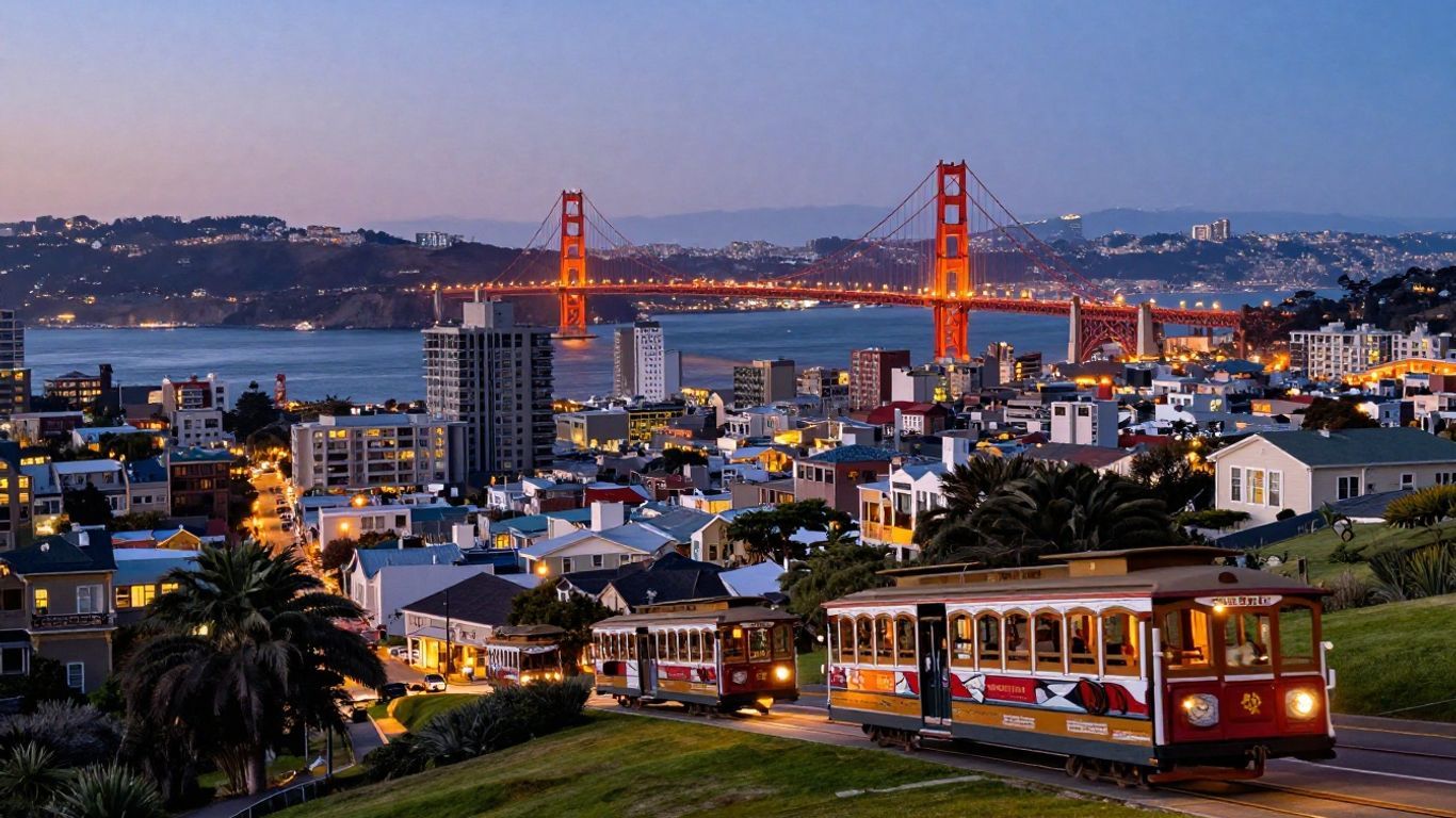San Francisco cityscape with Golden Gate Bridge and cable cars.