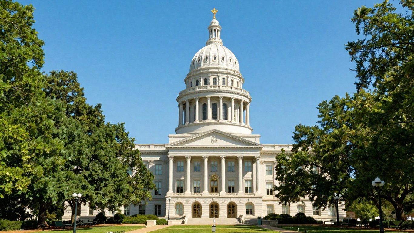 Georgia State Capitol building in Atlanta under a blue sky.