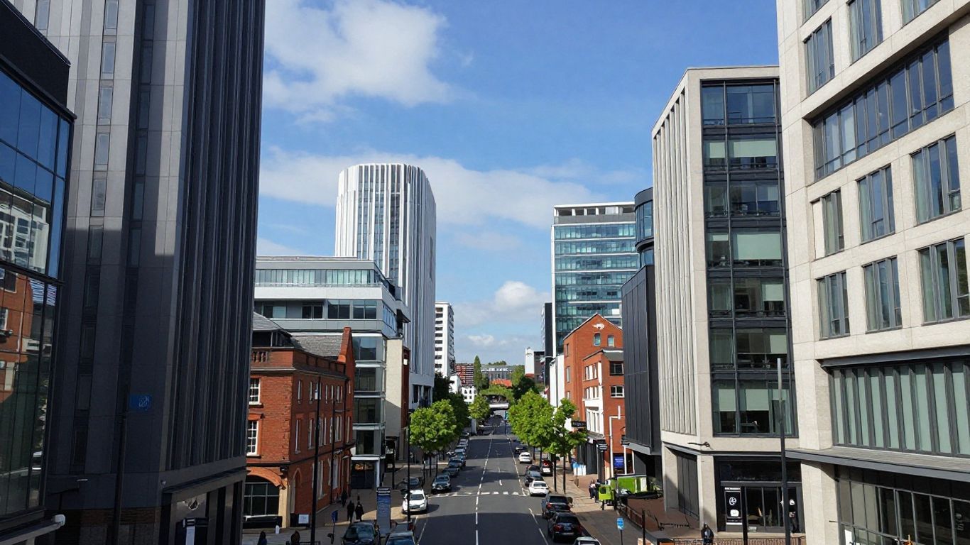Birmingham cityscape with modern buildings and busy streets.
