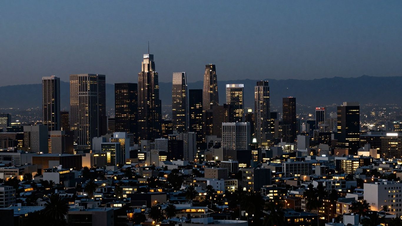 Los Angeles cityscape at dusk with skyscrapers.
