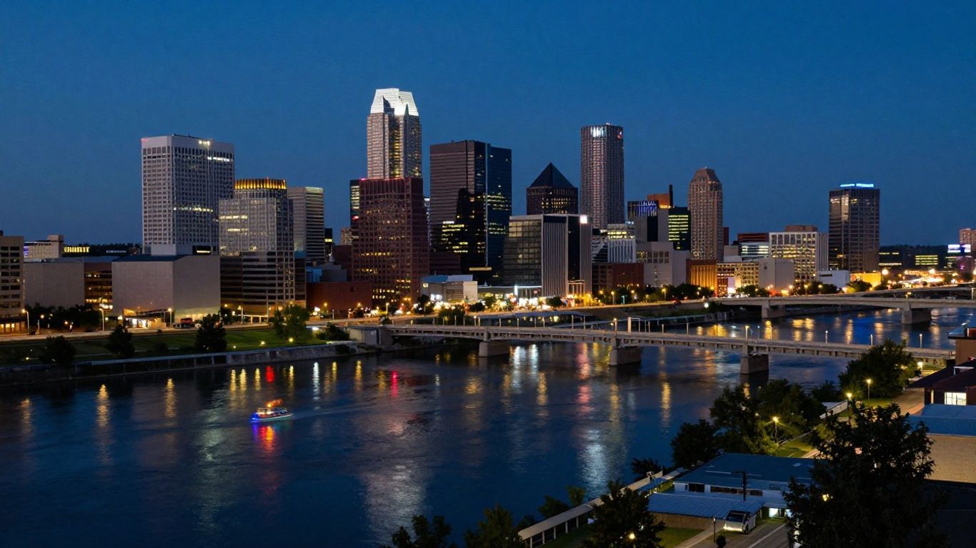Kansas City skyline at dusk with river and bridges.