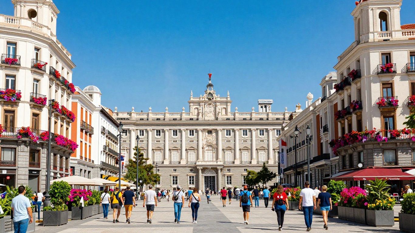 Madrid cityscape with Royal Palace and lively plazas.