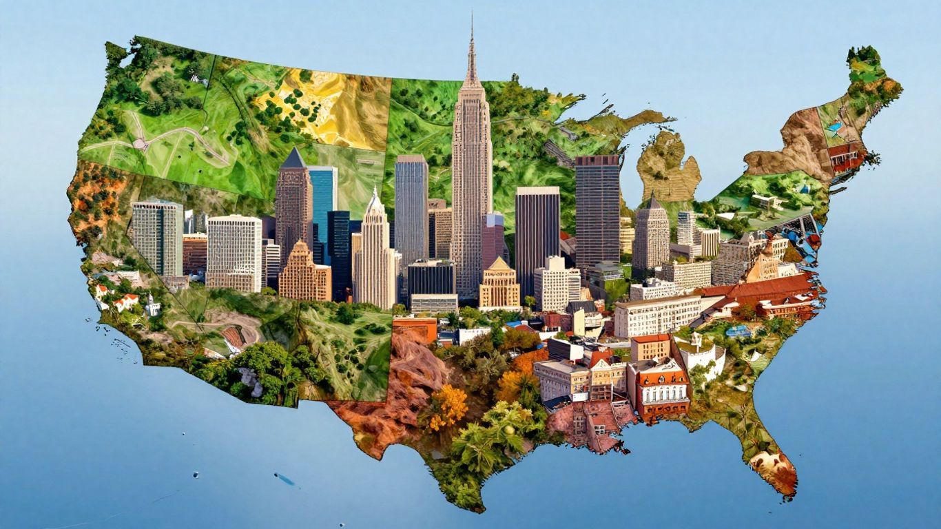 US map with prominent cities and diverse regional landscapes.
