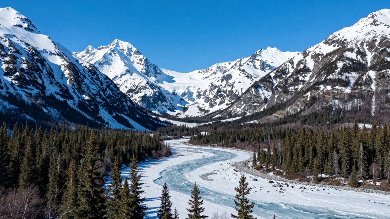 Majestic Alaskan mountains and icy river under a blue sky.