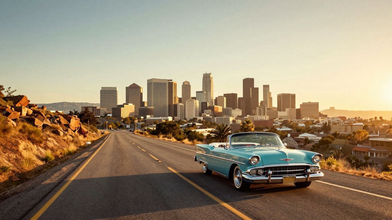 Classic American road trip with vintage car and scenic USA landscapes.