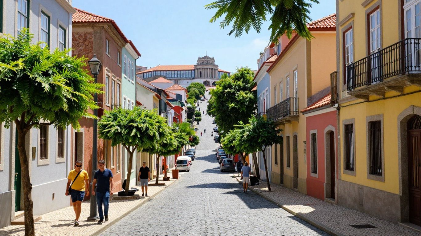 Colorful cityscape with cobblestone streets and distant landmark.